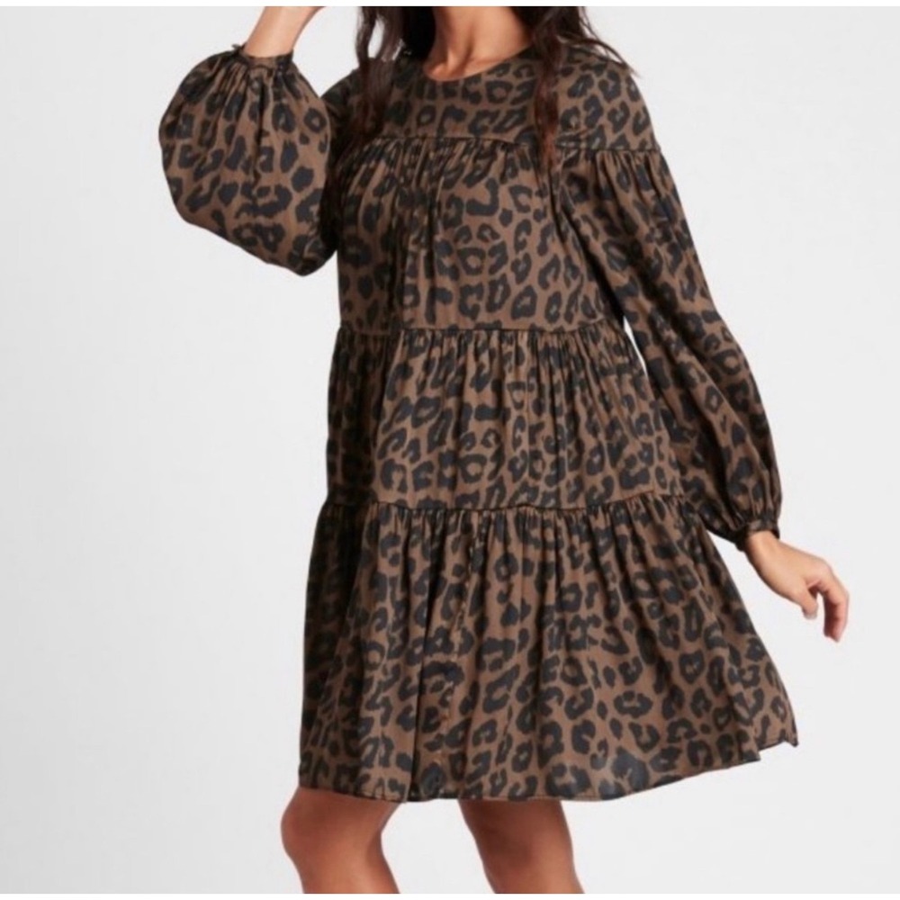 NWOT Banana Republic Leopard Print Tiered‎ Babydoll Mini Dress Long Sleeve XS